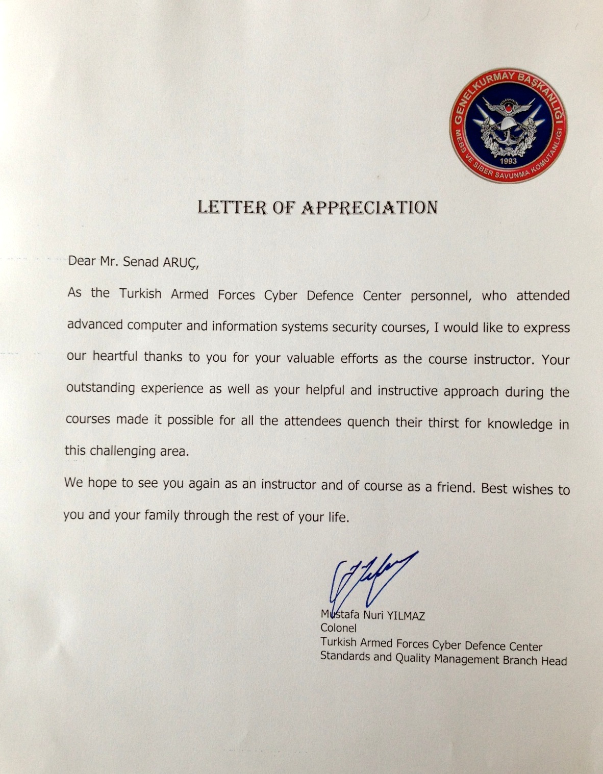 The most important APPRECIATION letter that i have received during my carrier from Turkish Armed Forces – Turkish General Stuff